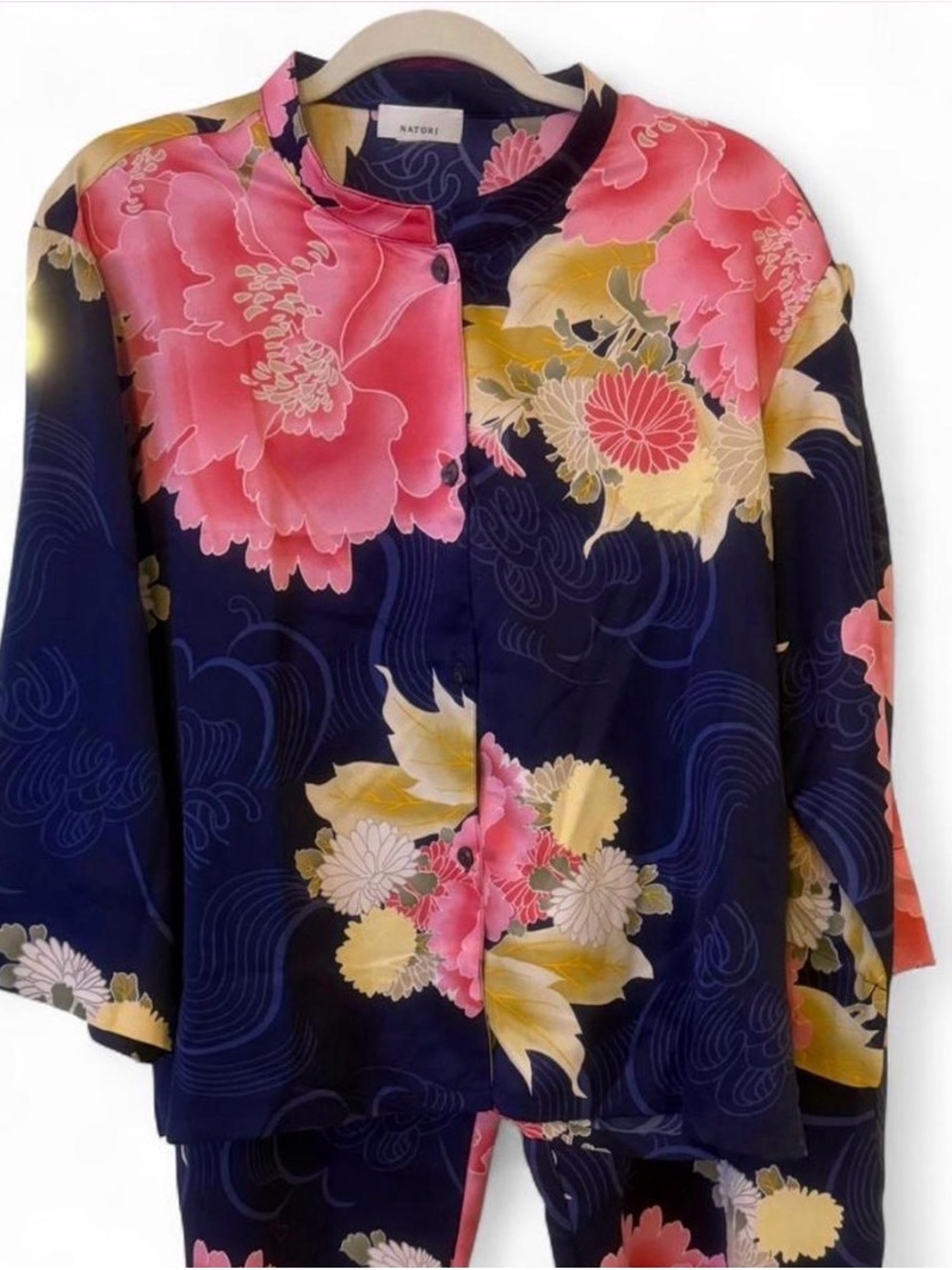 Natori Navy Silk Floral Pajama Jacket with Pink & Yellow Blooms